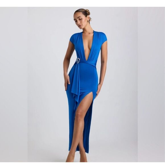 NWT Oh Polly AMALDA Slinky Jersey Plunge Hardware Detail Maxi Dress Cobalt Blue - Picture 1 of 12